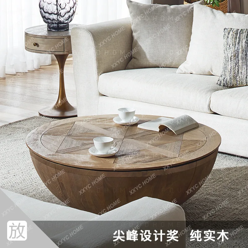 

M all-solid wood oak log round parquet storage coffee table