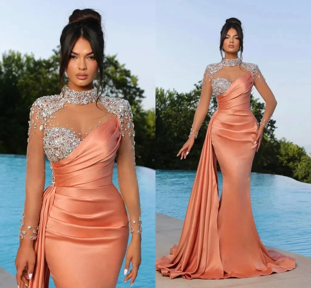 Elegant Peach Purple Black Mermaid Evening Dresses High Neck Sheer Appliques Beads Illusion Long Sleeve Pleats Ruffles Formal YD