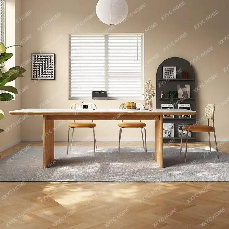 

Обеденный стол S1saa из массива дерева с каменной столешницей, современный, простой, в стиле лёгкой роскоши, прямоугольный, белый, с восковым покрытием.