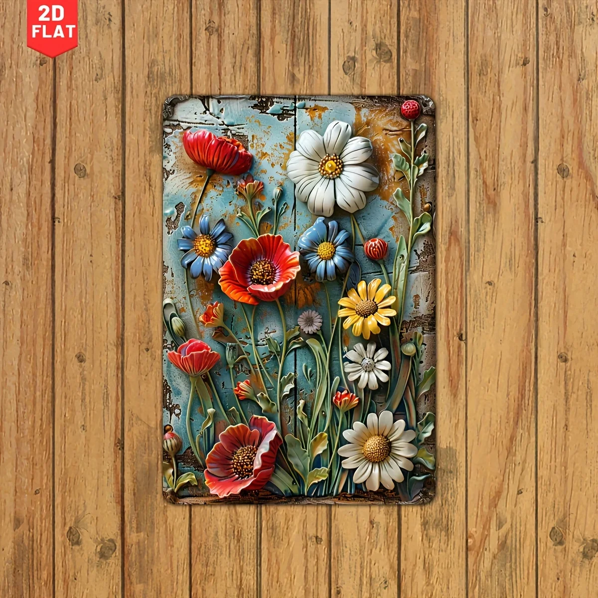 [2D Flat] Vintage Daisy Metal  Sign - 2D Flat, Colorful Floral Wall Art for Home，Garage - Rustic Iron Decor with Vibrant Flowers