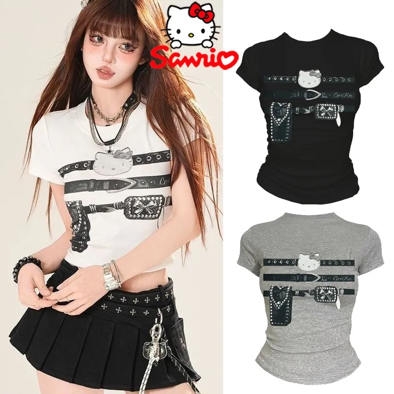 

Sanrio Hello Kitty T-shirt Cartoon Fashion Sexy Woman Print T-shirt Y2K Summer Retro Spicy Girl Tight Print Short Sleeved Shirt