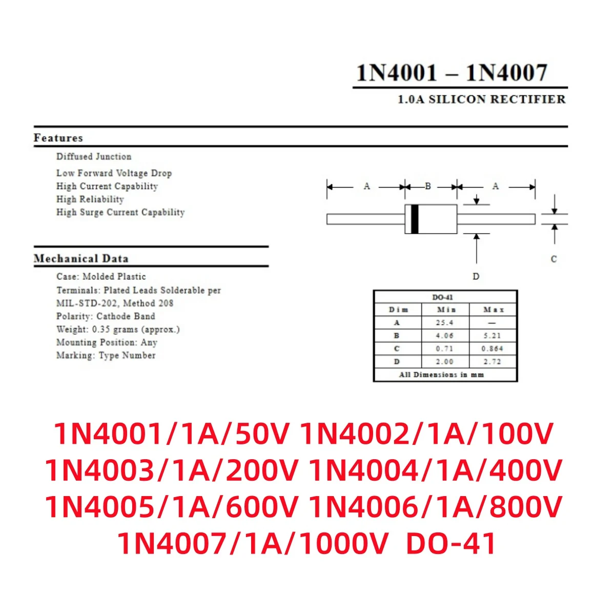 100/200Pcs 1N4001/50V 1N4002/100V 1N4003/200V 1N4004/400V 1N4005/600V 1N4006/800V 1N4007/1000V 1A DO-41 Ordinary Rectifier Diode image 2