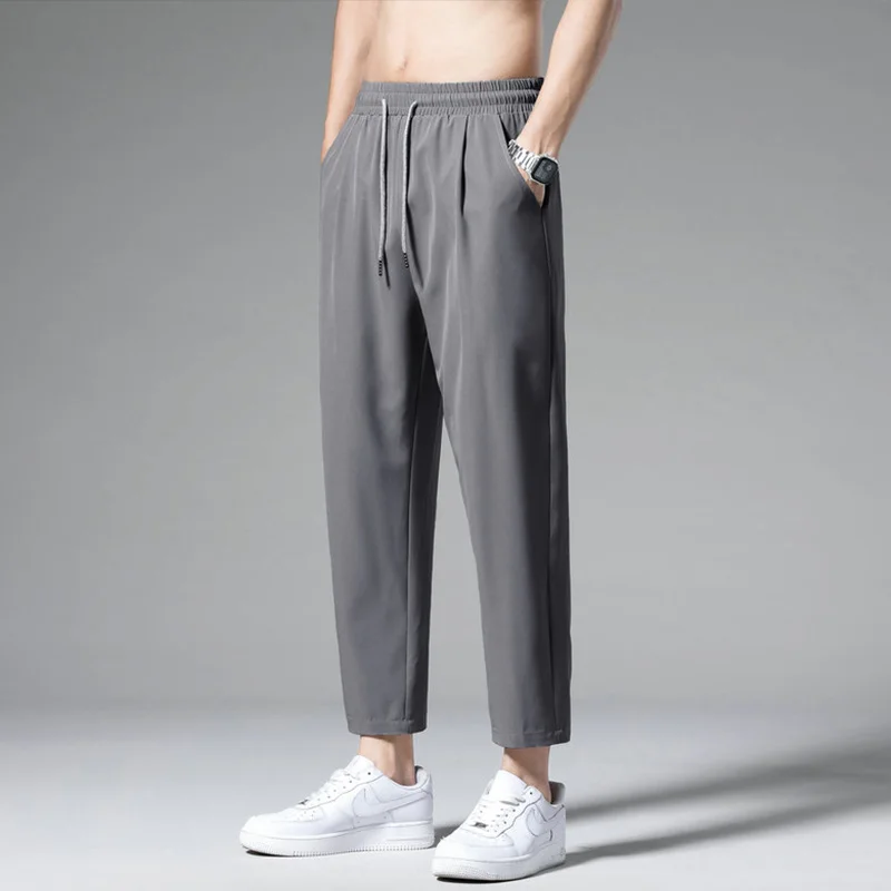 Men's Casual Loose Fit Straight Leg Summer Sport Pants Ice Silk Thin Quick Dry Drapey Long Trousers Fashionable Versatile