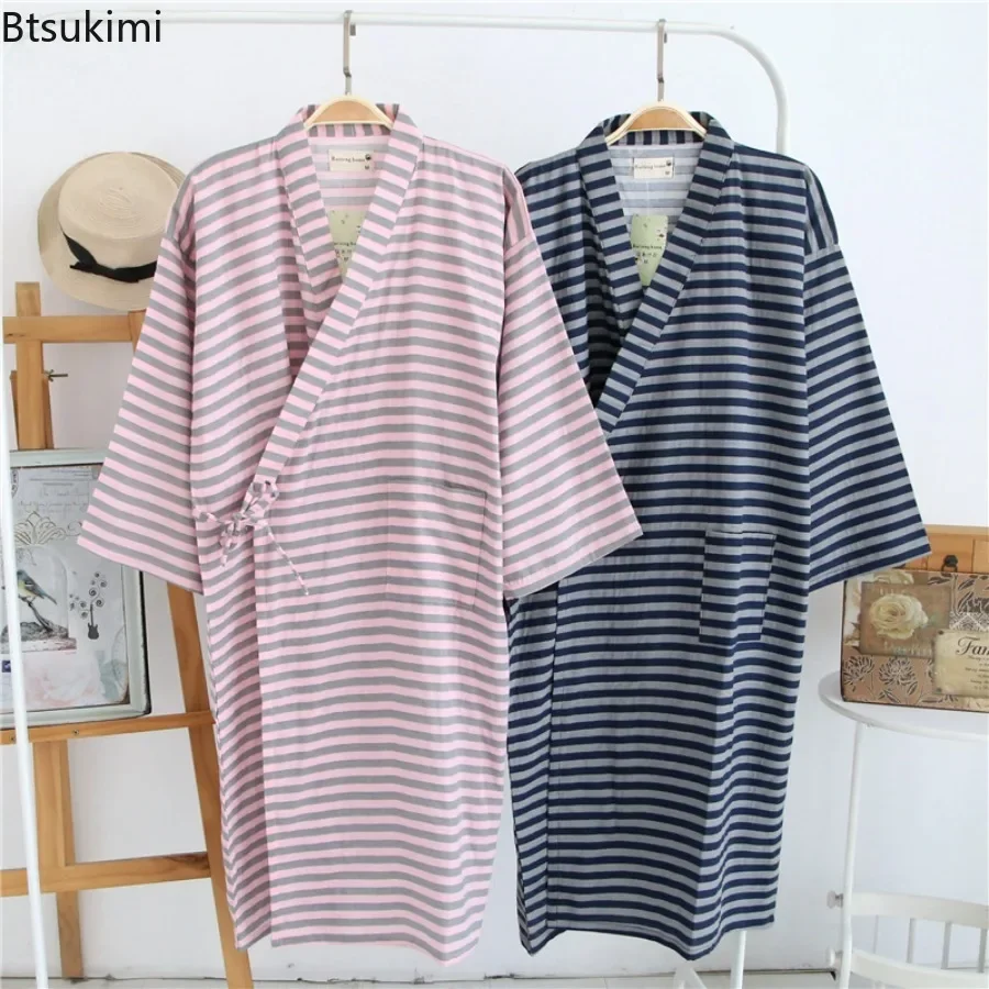 2024 Men's Casual 100% Cotton Double Gauze Couple Bathrobe Dress Thin Nightgown Mens Robes Sleepwear Dressing Gown Kimono Robe