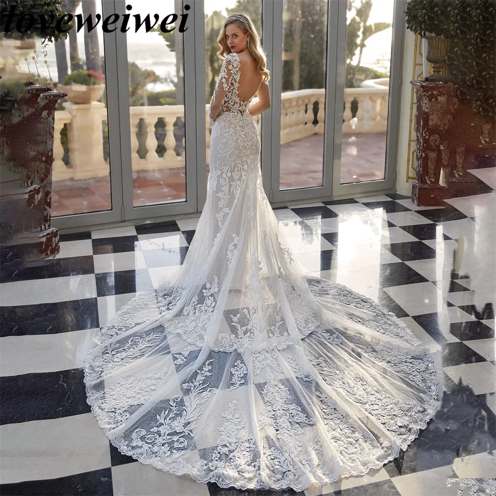 

V Neck Mermaid Wedding Dress Full Sleeves Appliques Lace Bride Dress Long Train Bohemian Bridal Gown Vestido De Noiva Customed