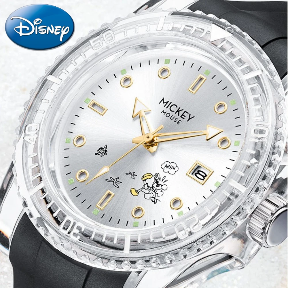 Disney Gift With Box Mickey Transparent Play Cool Light Dial Luminous Calendar Student Quartz Watch Zegarek Relojes Sumergibles