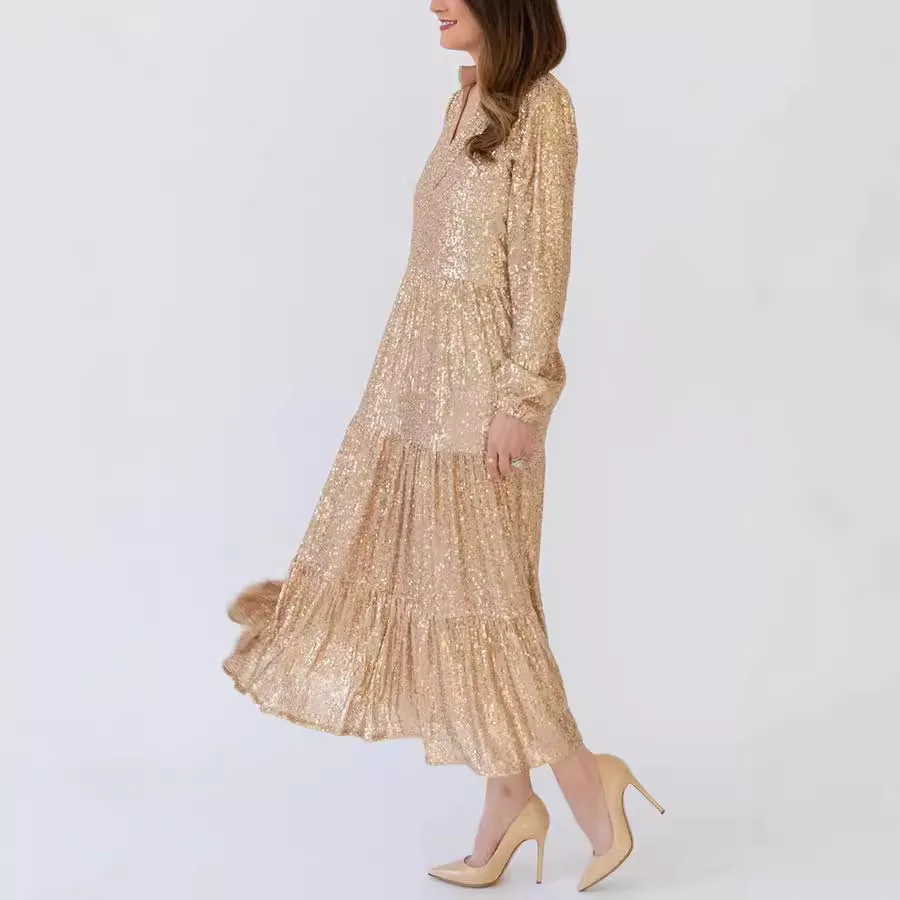 

2024 New Sequin Long Sleeved V-Neck Banquet Elegance Dress
