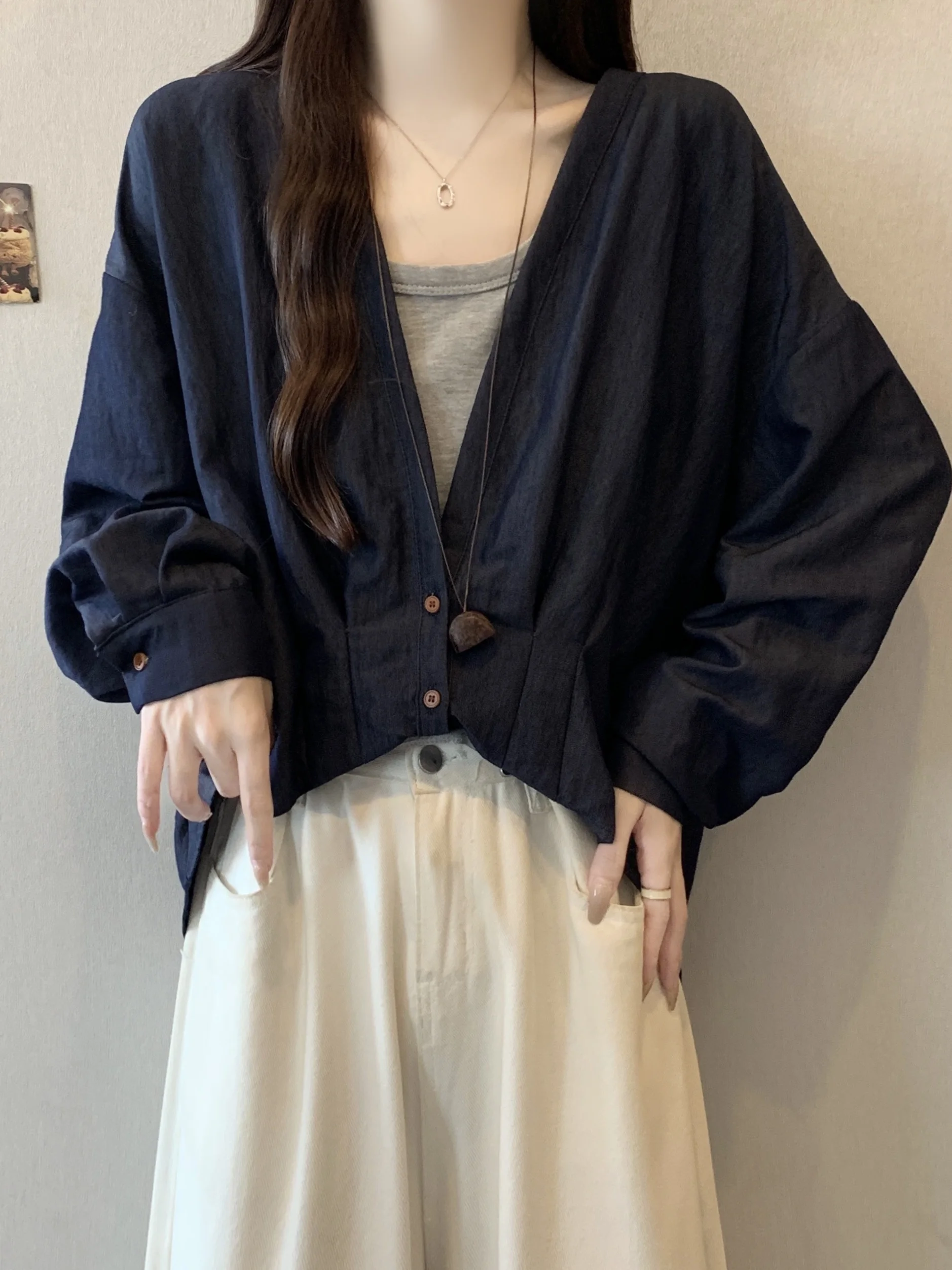 

Blue Denim Long Sve V-Ne irt Women's plus Size Spring Autumn Winter Casual Cotton Polyester Blend French Sle Top