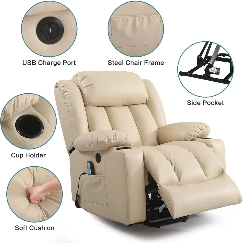 Fauteuil inclinable à levage électrique pour homme, fauteuil inclinable en cuir respirant, massage et chaleur, assistance électrique, beige