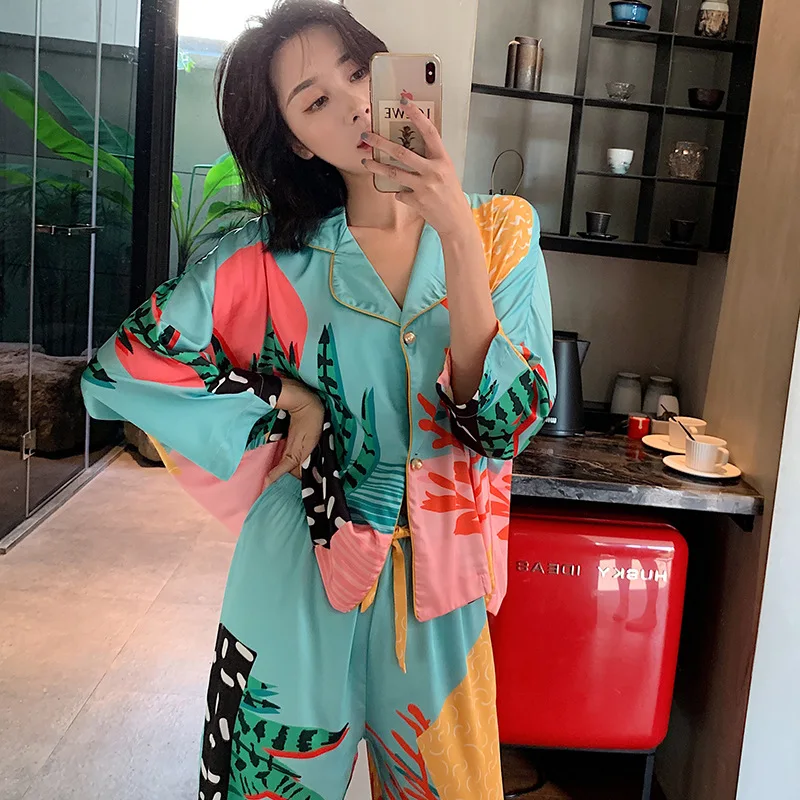 Satin Pajamas Set Spring Summer Home Suit with Pant Women\'s Print Pijama Suit Silk Pijama Set Sleepwear for Female Pyjamas