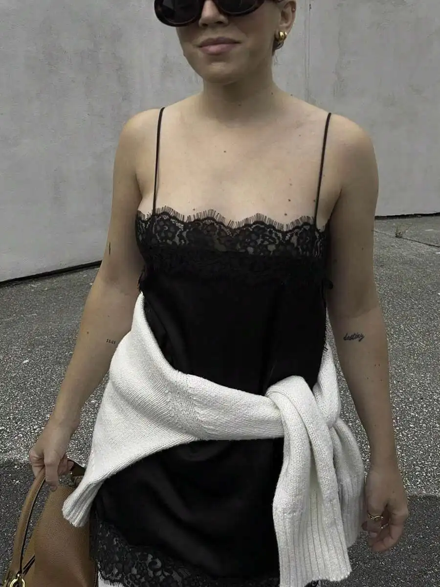 

Black Lace Trim Satin Camisole Top with Spaghetti Straps and Square Neck