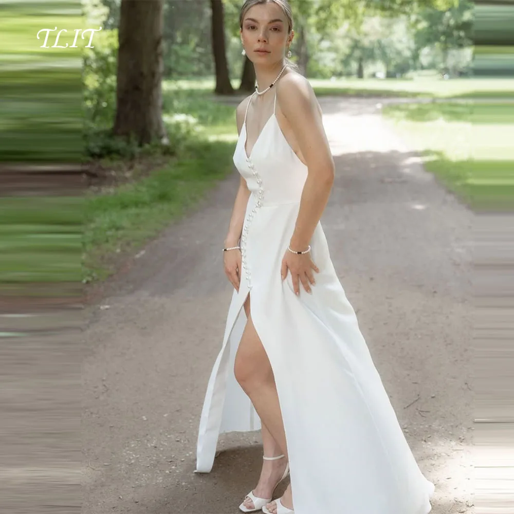 

TLIT Elegant White Silk Satin Wedding Dresses Sweetheart Deep V-Neck Spaghetti Strap Buttons Gowns Robe De Mariée customized