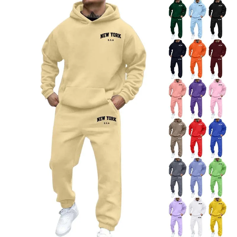 

New York Printed Fashion Hooded Tracksuit Set Men's 2 Pcs Long Sleeve Hoodie Pants Autumn Winter Sports Clothing Workout Outfit