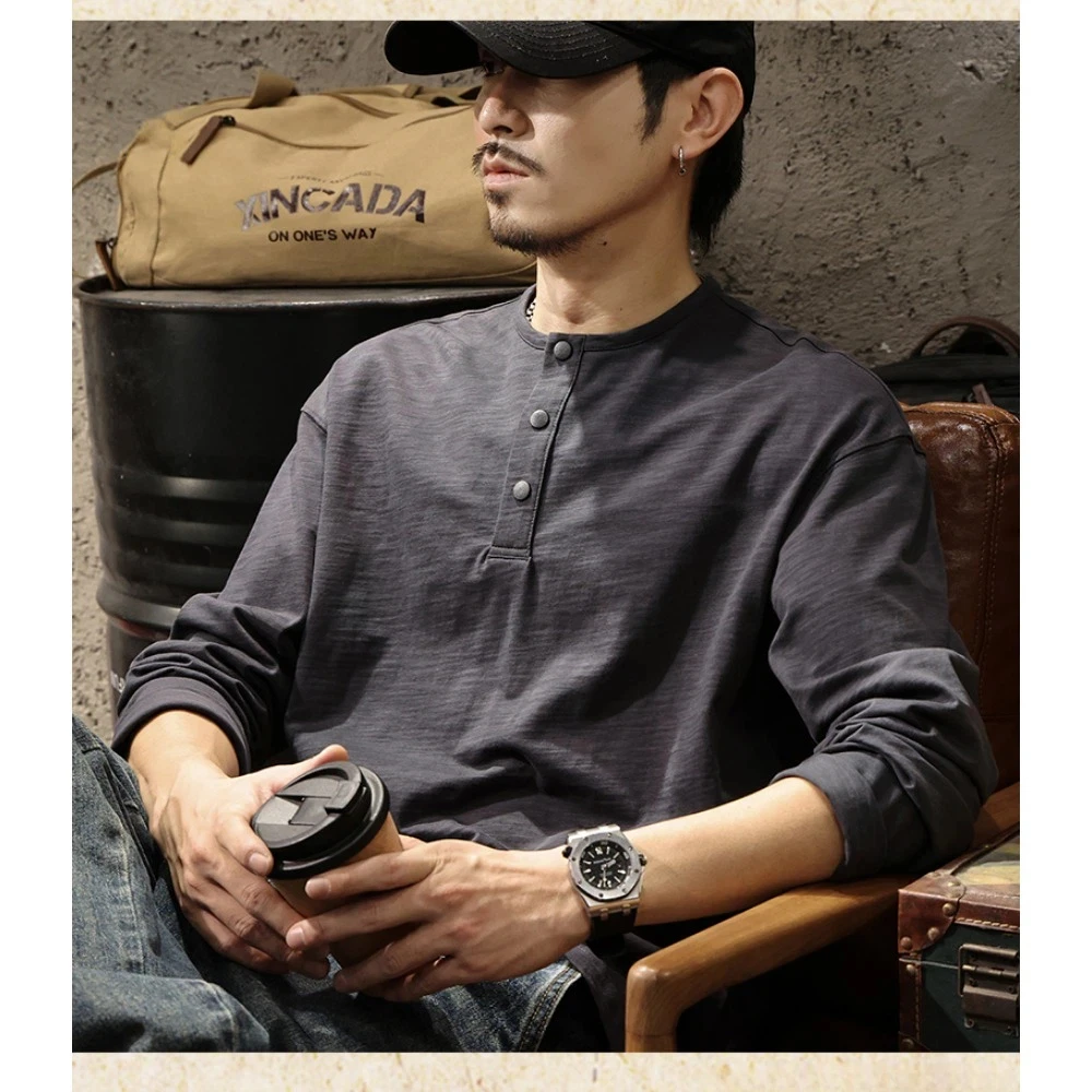 Men's Spring New pure cotton Henley collar men's long-sleeved T-shirt, a heavyweight bamboo joint pattern loose casual top