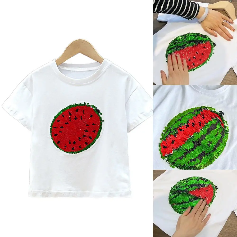 Camiseta infantil de algodão manga curta, desenhos animados, meia manga, cor reversível, lantejoulas melancia, roupa de verão