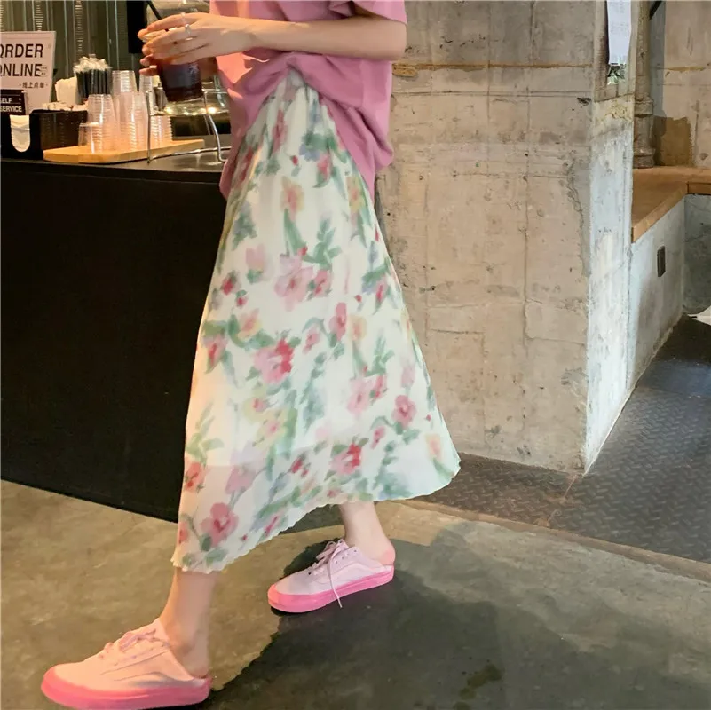 Spring Chiffon Medium Length Fashion Sweet French Print Slim Elastic Waist Skirts Thin Elegant Vintage Beach Style Vestidos