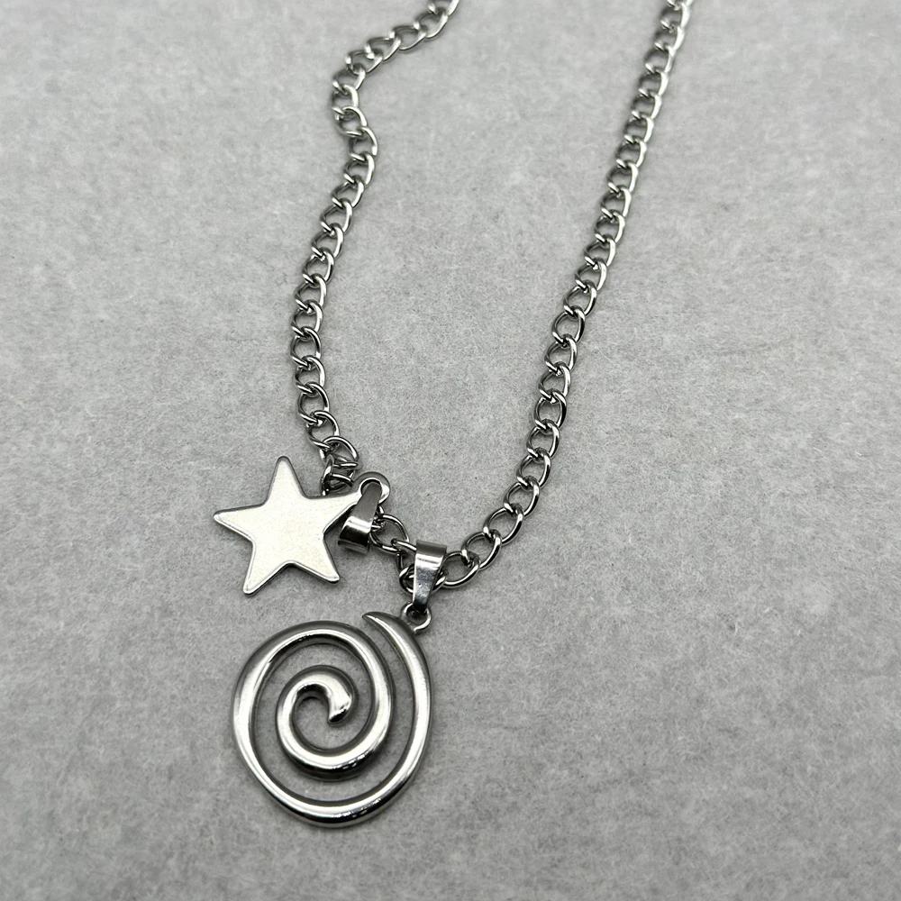 Y2K Silver Plated Star Spiral Swirl Vortex Necklace Unisex No Tarnish Resistant Waterproof Pendant Necklace Gift for Her Him