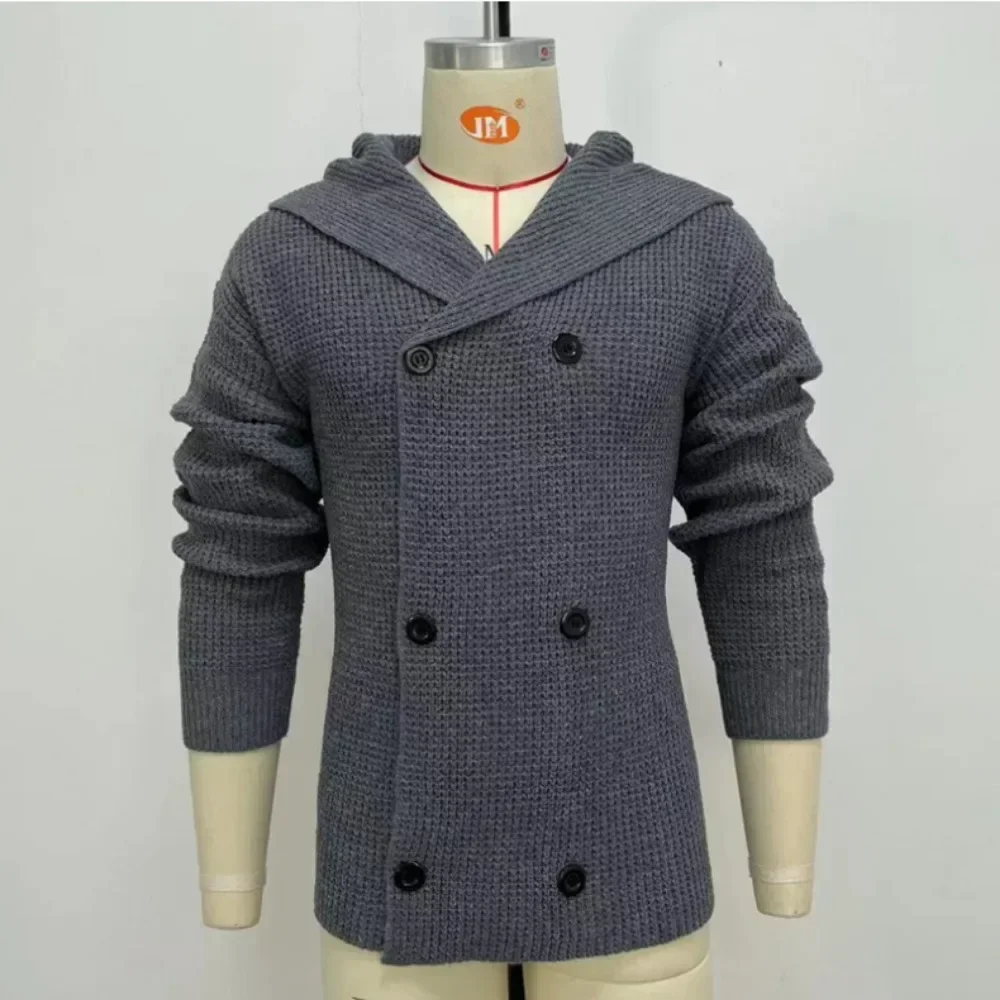 Cárdigan de doble botonadura para hombre, suéter con capucha, Chaqueta de punto de manga larga de Color sólido, Tops masculinos, otoño e invierno, nuevo