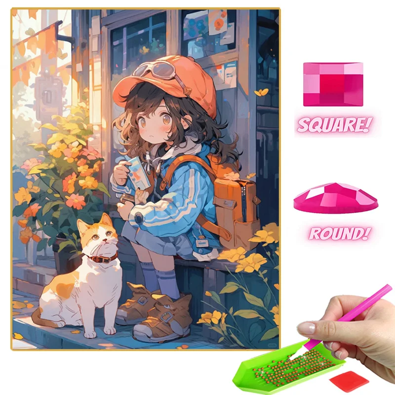 

5D алмазная живопись кот и девочка с японским мультяшным изображением, алмазная вышивка, мозаика, искусство, искусство, домашний декор, подарки ручной работы