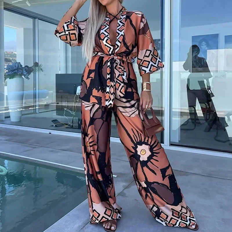 Loungewear Women Pattern Print 2 Piece Sleepwear Lace-up Cardigan Tops Long Pants Lounge Set Pajama Women Beach Vocation Outfit