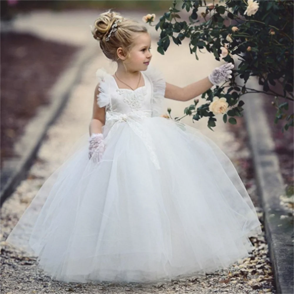 

First Communion Dresses Sleeveless Lace Printing White Angel Princess Flower Girl Dress Wedding Party Ball Dream Kids Gift