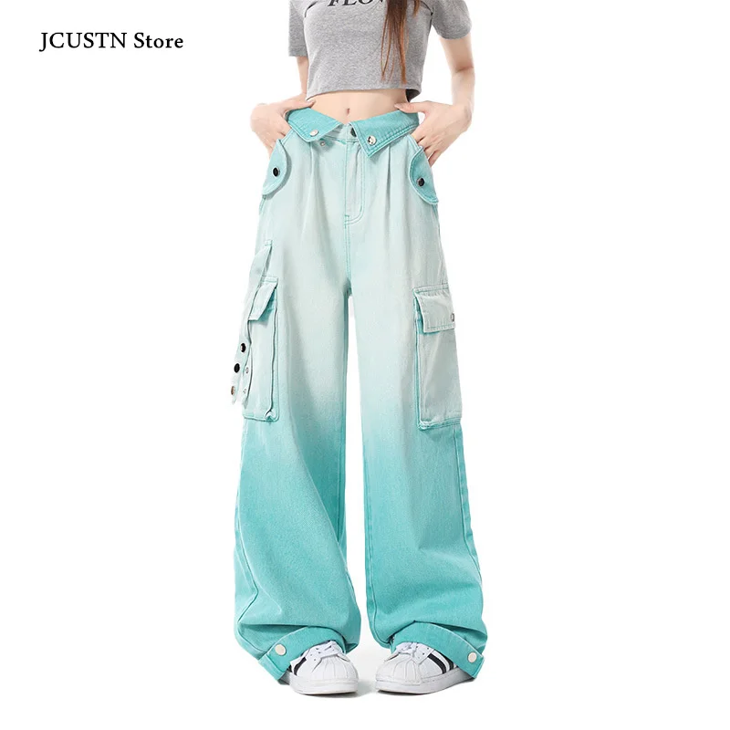 Green Gradient Jeans Women Y2K Cargo Pants Fashion Design Wide Leg Pants Autumn New Streetwear Mopping Straight Denim Trousers