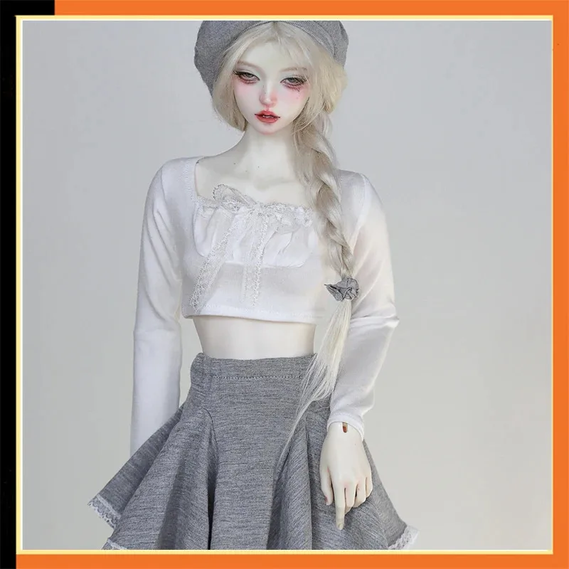

1/3 1/4 Scale Female Soldier White Dew Waist Lace Up Long Sleeves Top Grey Skirt Fit 3point 4point Action Figure Body Models