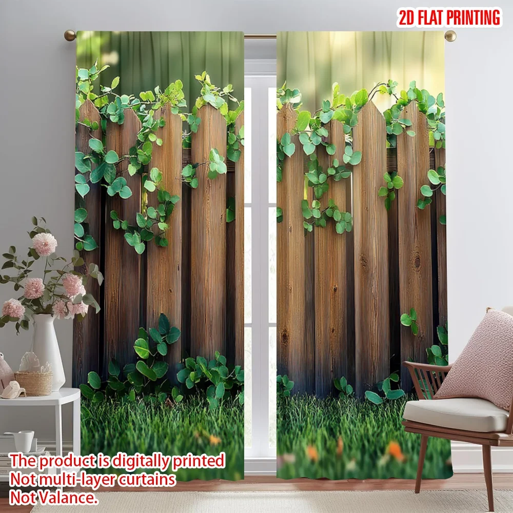 

2D flat printing 2pcs Window Drapes Wooden Fence with Vines Digital Printed Polyester Drapes Family Party for Holiday Parties