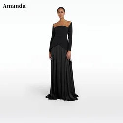 Amanda Long Sleeve Maxi Prom Dresses Sexy Off Shoulder Evening Dress Spoon Collar Black Vestidos De Fiesta