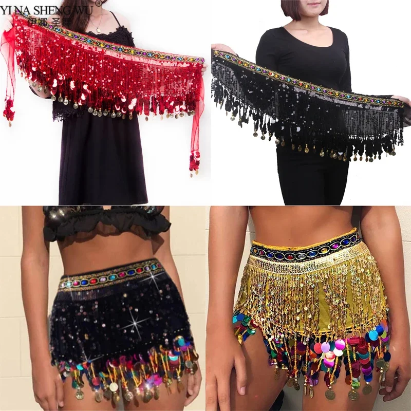 Belly Dance Tassel Hip Scarf Sweet Belly Dance Skirt Wrap Bling Belt Glitter Sequins Coin Belly Dance Costume for Women