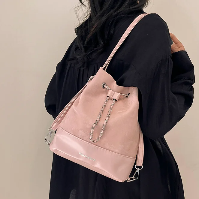 2024 Fashion Ice Cream Color Drawstring Bucket Bag for Women's Large Capacity PU Crossbody Bags High Quality Ladies Shoulder Bag