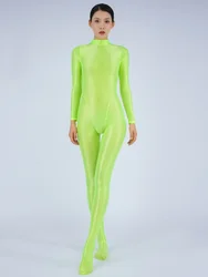 Women's Yoga Jumpsuit High Elastic Oil Glossy Shiny Bodysuit Long Sleeved Pantyhose Jumpsuits Candy Color Shaper Tight Rompers
