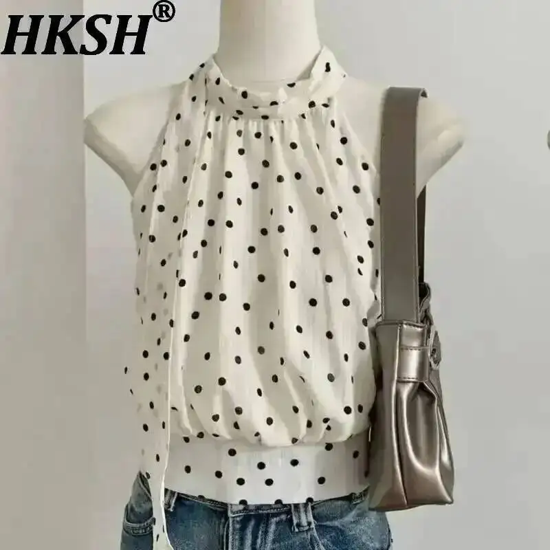 HKSH Summer New Women Vest Polka Dot Waist Cinching Halter Neck Off-shoulder French High-End Elegant Temperament Ins Top HK12256