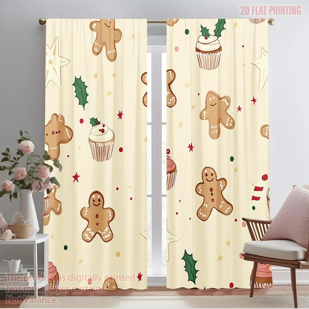 2pcs,2D plane printing Curtain Fabric Christmas Cookies Gingerbread Stars Muffins (2) Versatile Polyester Fabric (without rod)