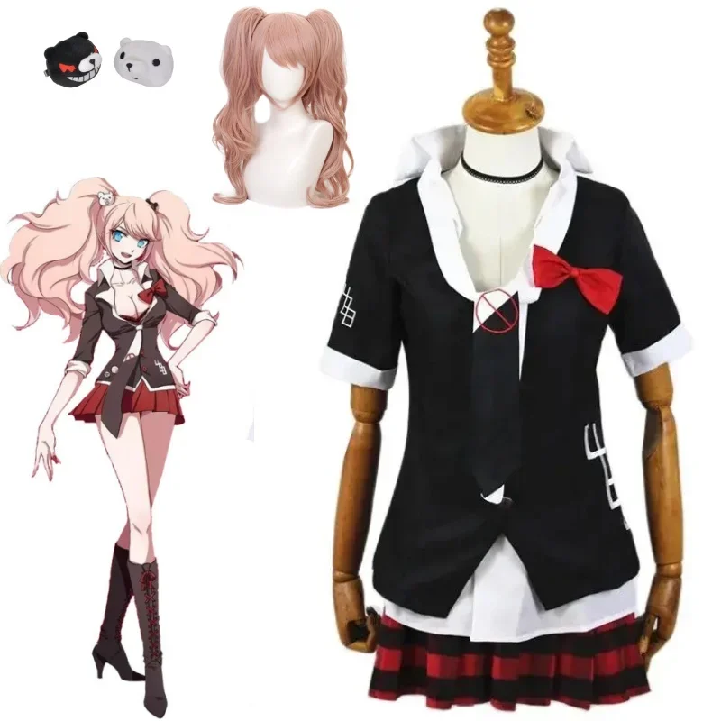 Anime Game Danganronpa Cosplay Costume Enoshima Junko Uniform Cafe Work Clothe Short Skirt Monokuma Headwear Double Ponytail Wig