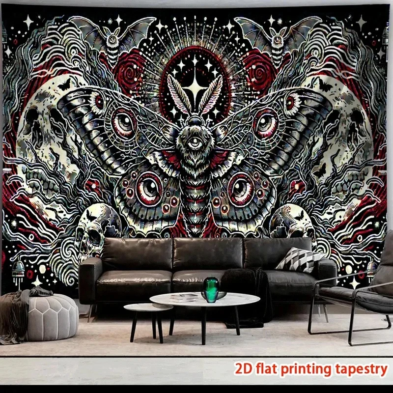 VIKAMA Mystic Death Moth Tapestry Gothic Skull Rose Bat Moon Star Dark Art Wall Hanging Spooky Aesthetic Wall Decor for Indoor B