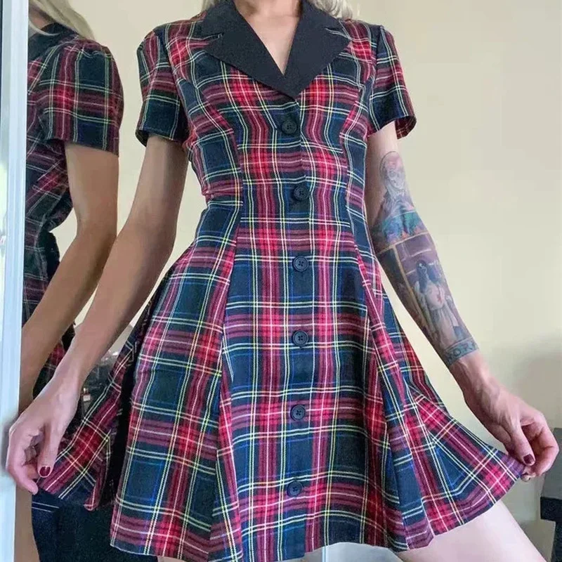 

2024 Fashion Burgundy Navy Blue Tartan Print Ladies Dress Street Wear Center Button Ladies Dress Short Sleeve Summer Vestidos