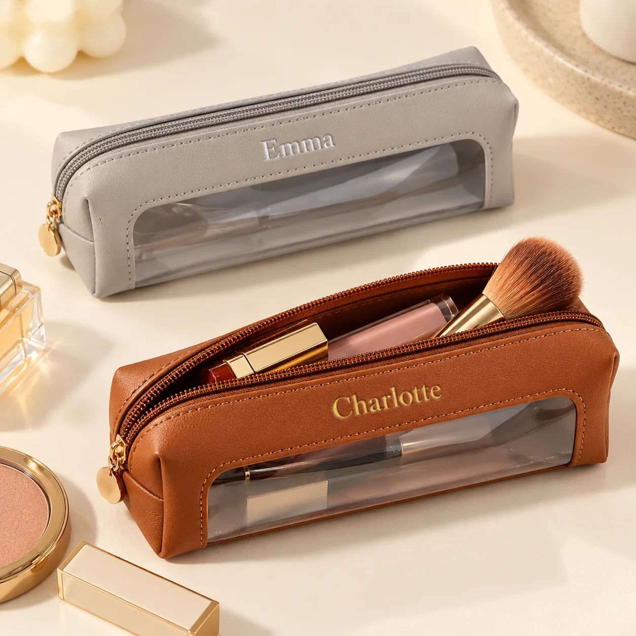 Custom Hot Gold‑Silver Stamping Name Pouch, PU Leather Clear‑View Cosmetic Bag, Multi‑Purpose Zipper Gift for Students & Ladies
