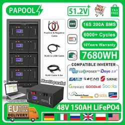 LiFePO4 48V 150Ah 7.68Kw Battery Pack 6000 Cycle 16S 200A BMS 51.2V 100Ah 120Ah 200Ah 300Ah RS485 CAN PC Monitor EU STOCK NO TAX