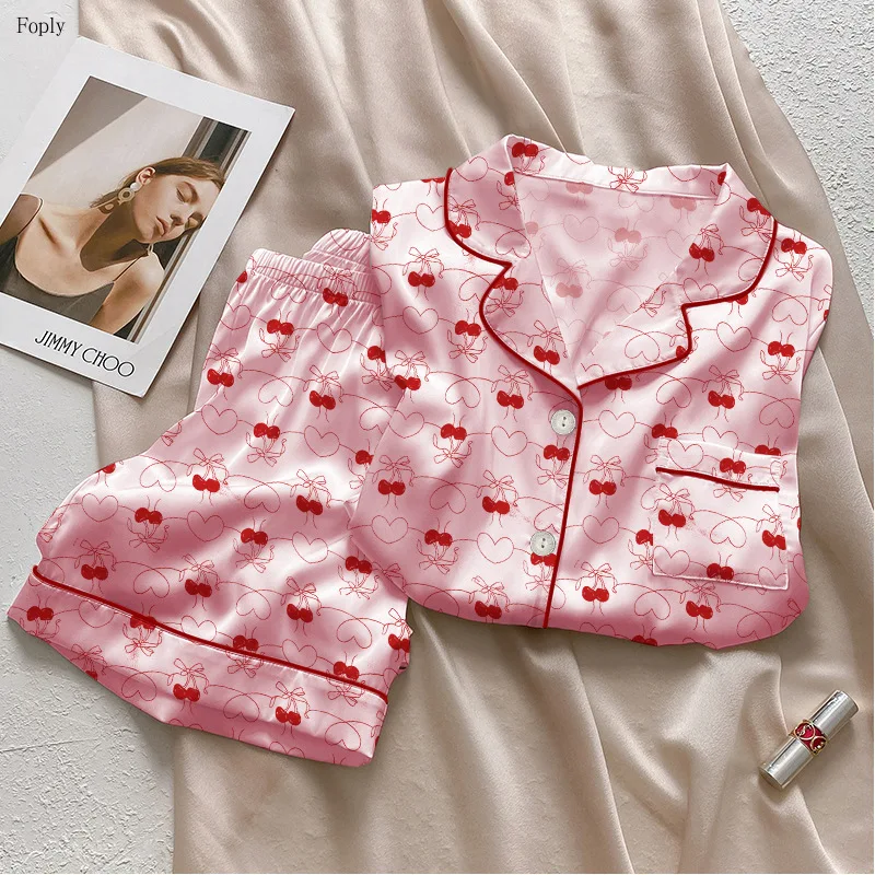 

Женский пижамный комплект Love Pijama, шелковые атласные пижамы, женская одежда для дома, домашняя одежда с короткими рукавами и лацканами, летние женские пижамы из ледяного шелка