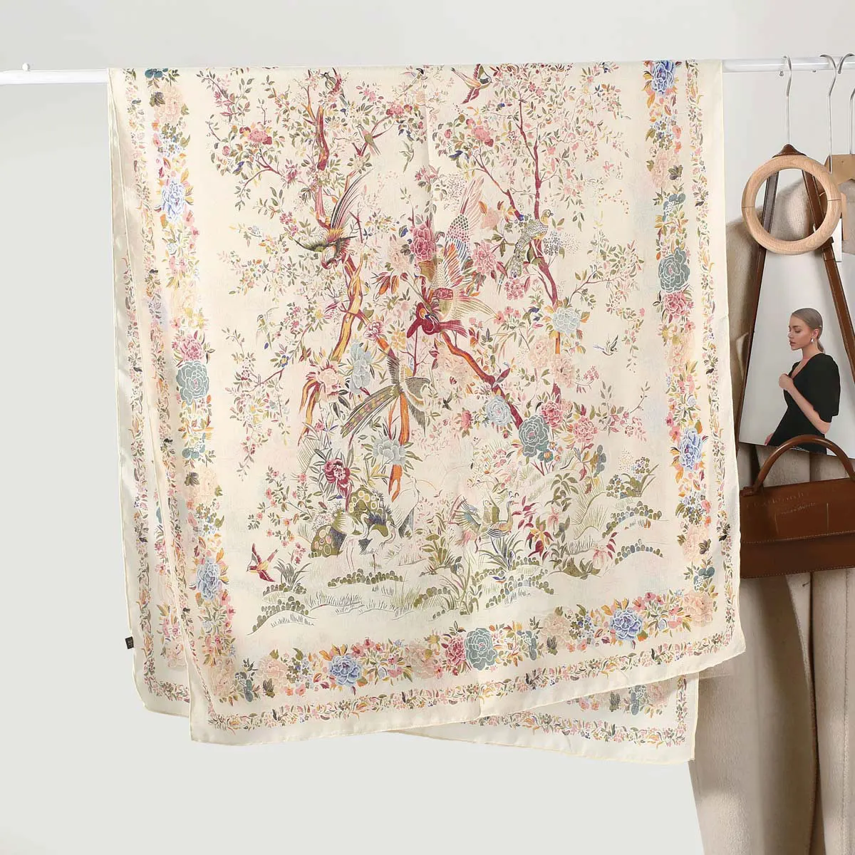 180x90cm Simple Elegance Floral Bird Print Silk Scarf Lyric Velvet Korean Style Countryside Flower Warm Sunscreen Large Shawl image 5