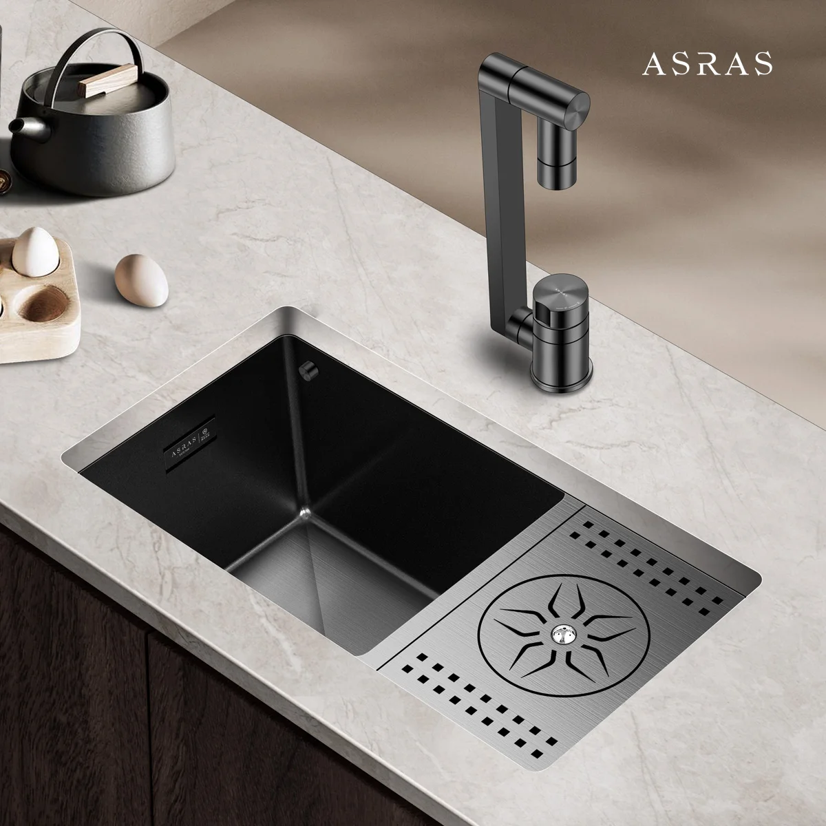 

ASRAS Кухонная барная раковина Nano Kitchen 304, маленькая одинарная раковина из нержавеющей стали со встроенным устройством для чистки чашек