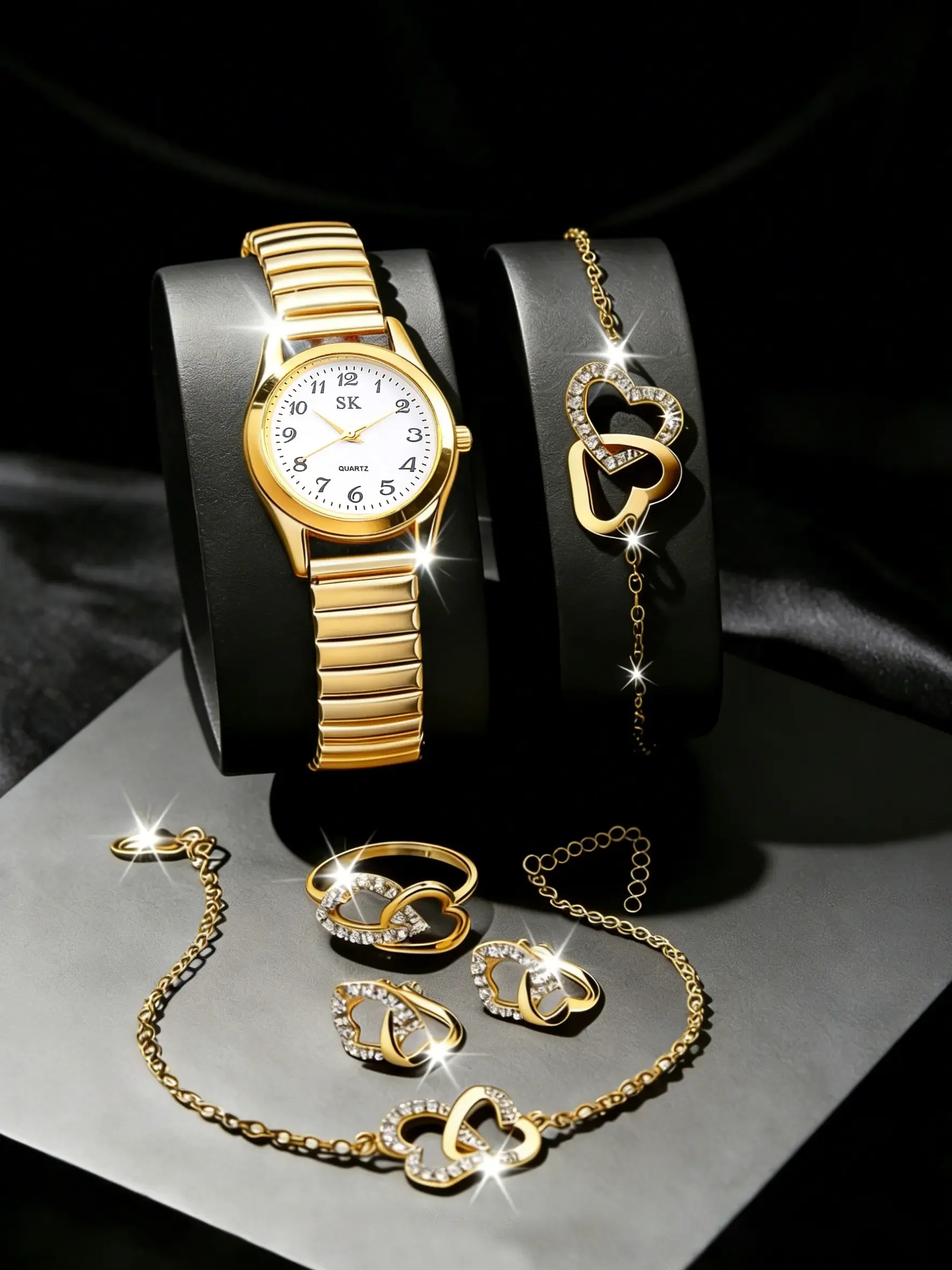 Fashion Watch Set, Trendy Watch Set with Heart Theme Accessories, Includes Bracelet, Ring, Earrings, Sparkling Decorations,
