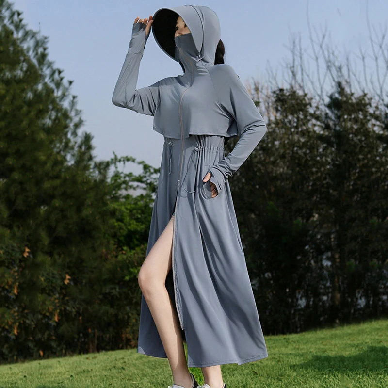 

Hooded Long Sleeve Sun Protective Clothing Women Summer Ice Silk Mid Length Jackets Woman Drawstring Zipper Up Sunscreen Coats
