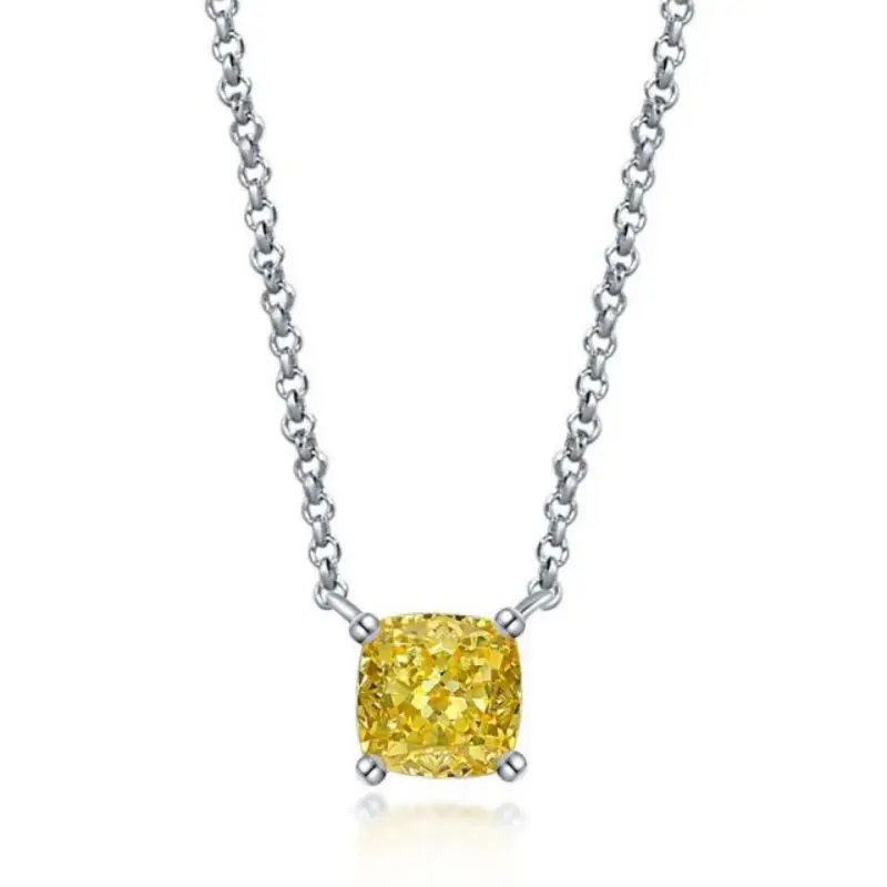 

100% Real 925 Sterling Silver Cushion Cut Fancy Yellow Diamond Pendant Necklace For Women Sparkling Party Fine Jewelry