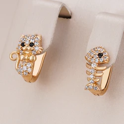 Kinel Luxury Cute Cat Fish Earrings For Girls 585 Rose Gold Natural Zircon Stud Earrings Children Baby Xmas Gifts Animal Jewelry