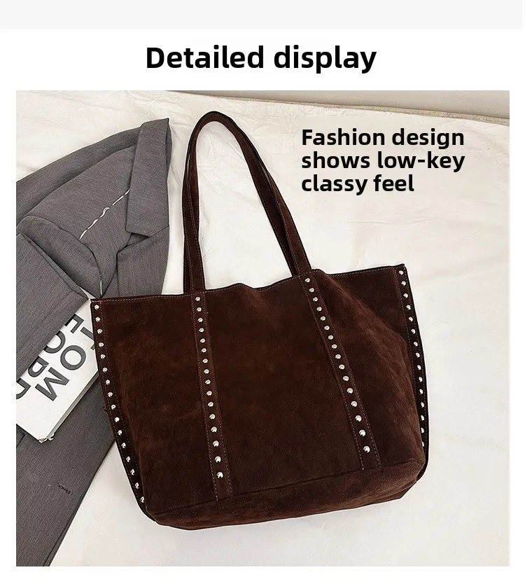Trendy Large Capacity Suede ToteS BagS with Stud Accents Soft Texture Handbag for Everyday Commute Shoulder Purse Casual Carry