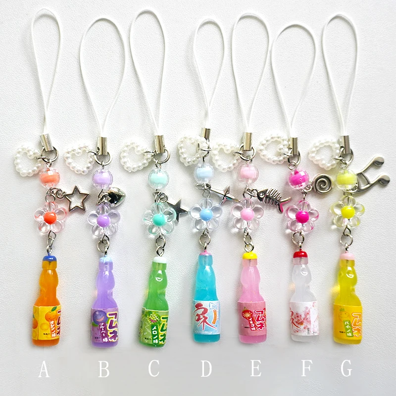 Colgante para teléfono con forma de botella de Ramune Kawaii hecho a mano, accesorios con cuentas, colgante de refresco