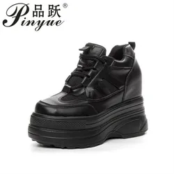11cm Suede Cow Genuine Leather Vulcanize Women Casual Platform Wedge Chunky Sneakers Spring Autumn Contoured Fashion Black Shoes
