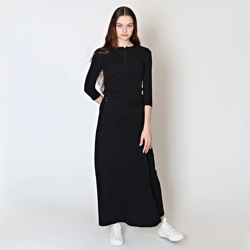 XS-XXXL Women Dress Set Half Zip Top Spring Summer Cotton Rib T-Shirt Maxi Dress Muslin Strap Bodycon Midi Skirt 2 Piece Outfit